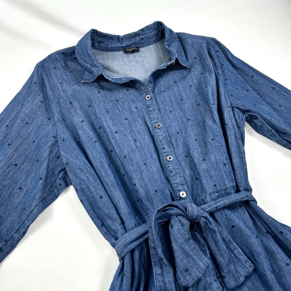 Talbots Chambray Shirt Dress Midi Polka Dot Womens 16W Blue Cotton Button Up - Picture 2 of 11